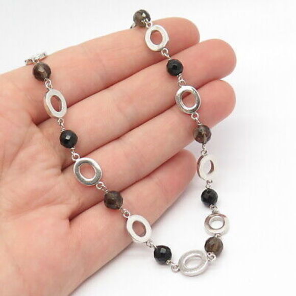 925 Sterling Silver Vintage Melanite & Smoky Quartz Gem...